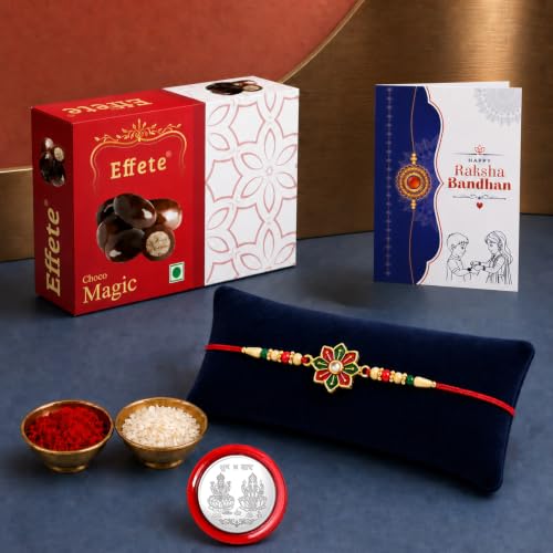 Image of DeoDap Designer Floral Rakhi for Brother with Effete Choco Magic, Multicolour Beads, Roli Chawal, Shagun Coin and Greeting Card, Raksha Bandhan Gift Combo