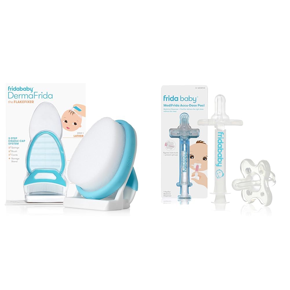 Frida Baby The 3-Step Cradle Cap System, DermaFrida The FlakeFixer, Sponge, Brush, Comb and Storage Stand + Frida Baby Medicine Pacifier, Medicine Syringe & Accu-Dose Pacifier, 3-Step Cradle Cap System