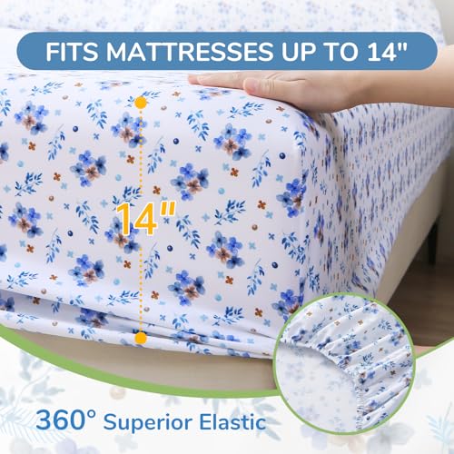 Image of MUXHOMO King Size 4 Piece Sheet Set, Soft & Breathable Sheet for Bedroom with Deep Pocket Up To 16 inch, Wrinkle-Free & Cooling Bed Sheets with Flat Sheet, Fitted Sheet & Pillowcases - Shattered Bluebells