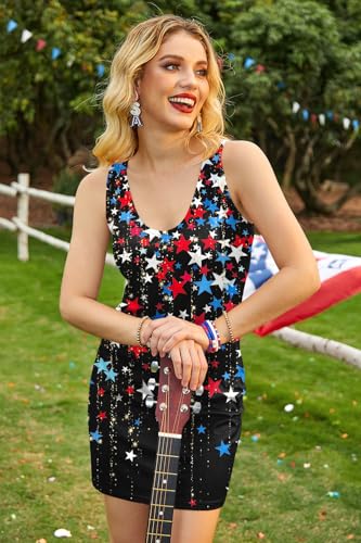 Image of For G and PL Women 4th of July American Flag Tank Dress Deep V Neck Stars Stripe Mini Patriotic Sleeveless Sundress