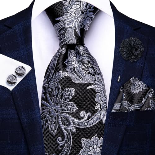 Image of Hi-Tie Men's Black and Silver Flower Tie Set Silk Jacquard Necktie Lapel Pin Pocket Square Cufflinks Sets Formal Business Wedding