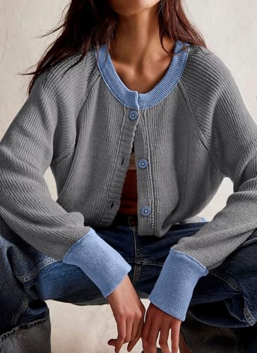 Image of loveimgs Women Knitted Button Down Cropped Cardigan Jacket Sweater Y2k Fall Knit Color Block Sweater Crewneck Crop Short Coat