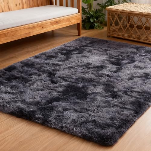 Tapis lavable super doux à poils longs gris foncé pour chambre
