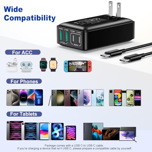 Image of USB C Charger Block, Excgood 40W Flat 4Port USB Wall Plug Dual PD QC Fast Charging Travel Power Adapter Multiport Compatible with iPhone 16 15 iPad Pro Galaxy S24 Ultra, with 6ft USB C to C Cable