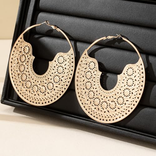 Chunky Metal Hoop Earrings Vintage Bohemian Textured Statement Earrings Gold Silver Oversized Polished Hollow Metal Circle Hoop Trendy 90s Geometric Round Dangle Drop Earrings Birthday Party Dress Christmas Jewelry for Women (Gold) by IS4U - Used condition - Image 6