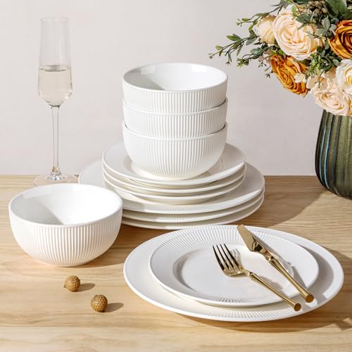 Image of TheTerra Stoneware Dinnerware Sets for 4, 12 Pieces Ceramic Plates and Bowls Sets, Scratch Resistant Embossed Dish Set, Oven, Microwave & Dishwasher Safe, Bright White