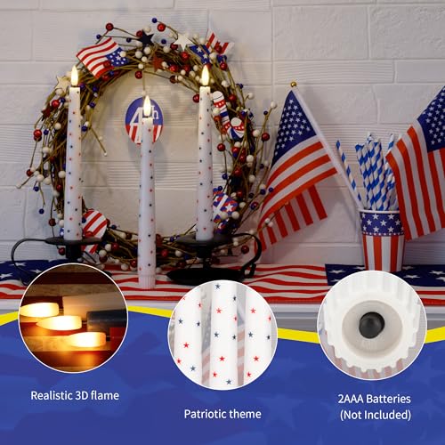 Image of 4th of July Candles, Flameless Taper Candles with Remote, 9.6 inch Red White and Blue Star Candles, Real Wax Flickering Independence Flameless Candles, Patriotic Candles, Battery Candles, Set of 3