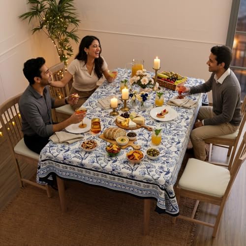 Image of Encasa XO Dining Table Cover Cloth for 6 to 8 Seater | 140x240 cm Rectangular Table Cloth | Water Repellent Polyester Tablecloth for Indoor & Outdoor Use - Indigo Digital Print