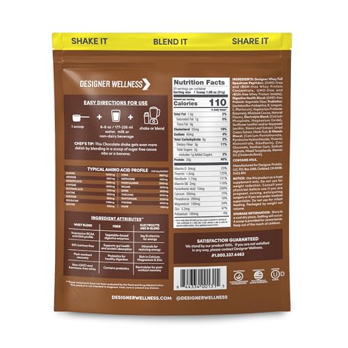 Image of Designer Wellness, Designer Whey, Natural Whey Protein Powder with Probiotics, Fiber, and Key B-Vitamins for Energy, Gluten-Free, Gourmet Chocolate, 2 lb