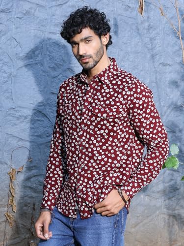 Image of Thomas Scott Men Slim Fit Pure Cotton Corduroy Floral Printed Semi-Formal Shirt
