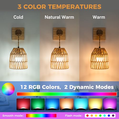 Image of Rattan Wall Sconces Battery Operated, Boho Wall Sconce, Battery Operated Wall Sconce Set of Two, Rechargeable Woven Lantern Wireless Wall Light /Lamp for Bedroom Home Decor