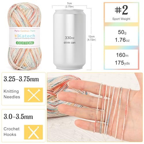 Image of Katech 1OO% Variegated Cotton Yarn for Crocheting-2 Sport Weight Baby Yarn for Knitting-6 Pcs of 50g(1.76oz) /160m(175yd), Fine Soft Multicolor Yarns for Baby Blankets, Afghans, Shawls, Dress, Hats (A)