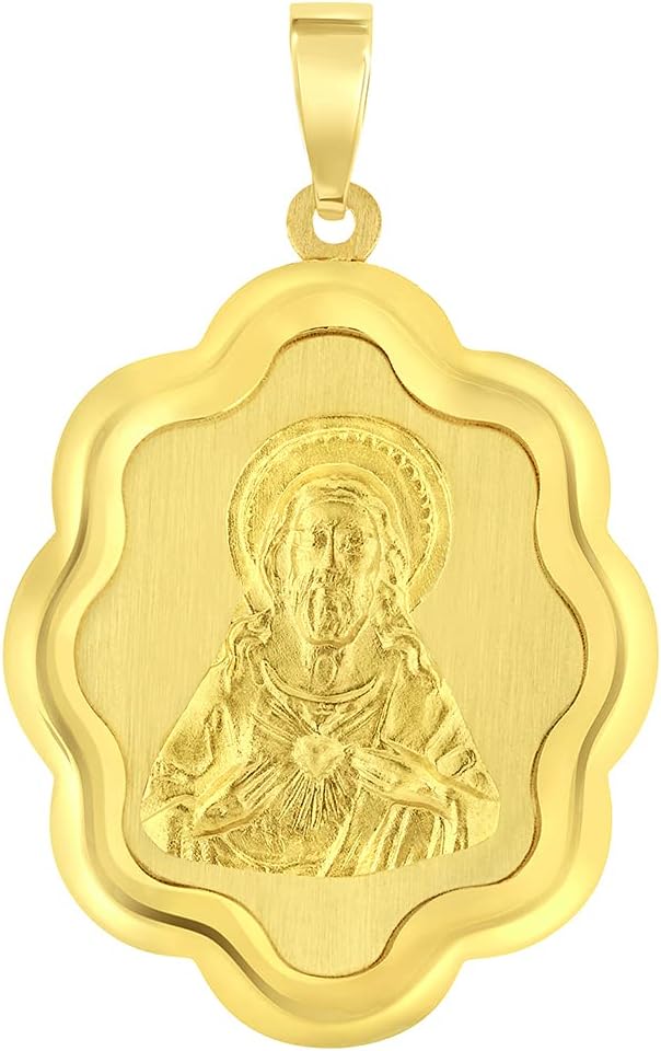 Jewelry America 14k Yellow Gold Sacred Heart of Jesus Christ On Elegant Miraculous Medal Pendant Necklace - Image 2