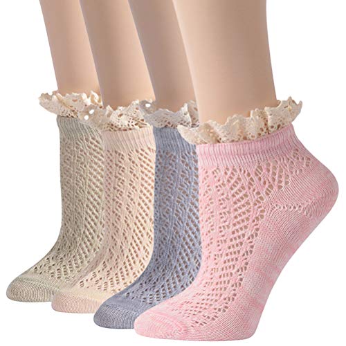 Image of KitNSox Funcat Women's Lace Ruffle Frilly Colorful Floral Cotton Casual Novelty Ankle Socks 4 /5 /6 Pairs