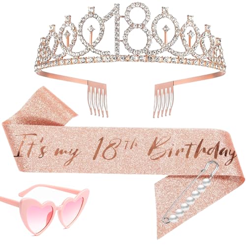 Scinzene 18. Geburtstag Mädchen, Rose Gold Party Deko, 18 Geburtstag Mädchen Geschenk, 2-Teiliges Set Mit Krone Und Brille, 18 Geburtstag Deko, Perfekt Für Geburtstagsfeiern Und Fotoshootings