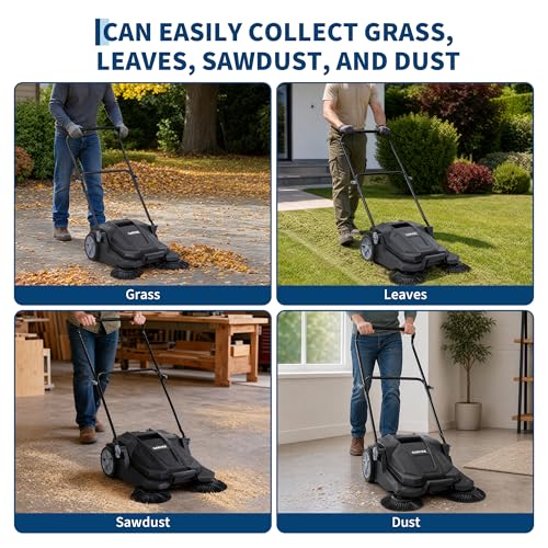 Image of Walk-Behind Hand Push Floor Sweeper, 25.6 Inch Wide Manual Non-Electric Sweeper with 5 Gallon Waste Bin, Adjustable Folding Handle Heavy Duty Yard Sweeper for Garage Patio Walkway Driveway Leaf Debris