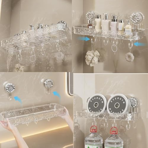 Image of Bathroom Corner Shelf for Wall with Strong Suction Cups - Transparent Acrylic Triangle Storage Rack with Utility Hooks, No-Drill Bathroom Organizer for Shampoo, Soap & Accessories (Rectangular)
