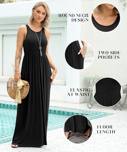 Image of EUOVMY Women's Sleeveless Dress Casual Plain Loose Summer Long Maxi Dresses with Pockets