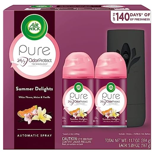 Air Wick Pure Freshmatic Automatic Spray Starter Kit, (Gadget + 2 Refills), Summer Delights, Air Freshener, Essential Oil, Odor Neutralization, Packaging May Vary