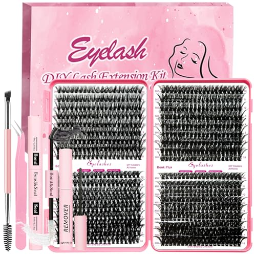 Qiveaory Kit d'extensions de cils DIY - 720 pièces - Cluster D Curl - Avec colle à cils et scellant - Éliminateur de résidus de colle pour cils et pinceaux (10-18 mm, 30D + 40D + 50D + 60D)