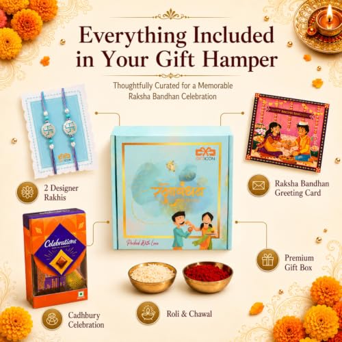Image of Gifticon Rakhi Set for Brother with Chocolate | Premium Designer Rakhi, Chocolate, Roli Chawal, Greeting Card & Premium Gift Box | Rakhi Hamper for Raksha Bandhan | Swastik Rakhi Set