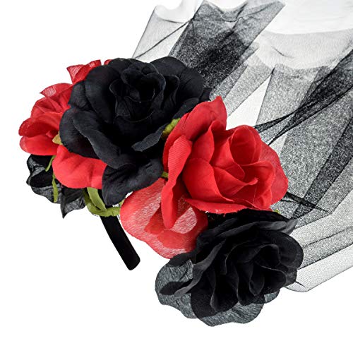 Funsveta Halloween Rose Flower Headband Day Of The Dead Flower Headpiece With Black Veil Costume Cosplay (Black And Red) #TOP1
