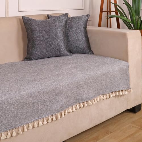 Image of STITCHNEST Jute Sofa Cover - Grey, 24x30 Inch | Soft Textured Fabric with Tassel| Sofa for Living Room Decor