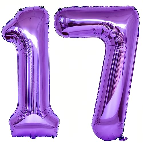 Image of Number 17 Purple Balloons 40 Inch Giant Purple 17 Number Foil Helium Balloons for 17th Purple Birthday Party Supplies 17th Anniversary Events Decorations