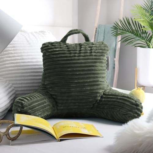 Image of Nestl Reading Pillow for Kids & Teens with Shredded Memory Foam, Luxe Cut Plush Backrest Pillows for Reading and Gaming, for use on Couch or Bed, Adjustable Support with Washable Cover Olive Green
