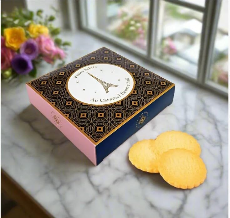 La Sablésienne, Etui Tour Eiffel Sablés aux Pépites de Caramel Beurre Salé - Small Box of Pure French Butter Shortbread Cookies with Salted Butter Caramel Chips, 3.5 oz