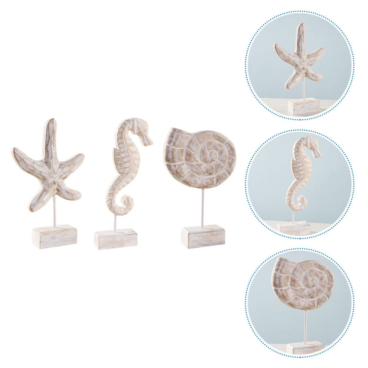 PRETYZOOM Decoración Náutica Mediterránea de Madera, 3 Piezas Figura de Mar, Caballito de Mar y Caracola para Mesa y Dormitorio