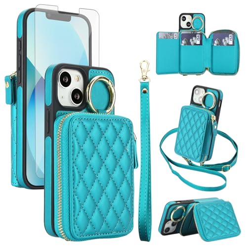 Phone Case for iPhone 12 Mini/13 Mini 5.4 Wallet Cell Cover RFID Blocking with Screen Protector Wrist Crossbody Strap Zipper Ring Buckle Kickstand iPhone12mini iPhone13mini Women Girls Men Green