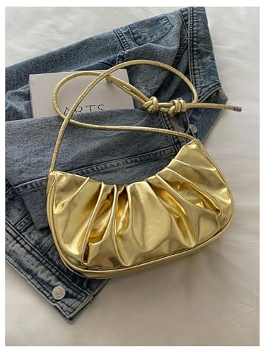 GORGLITTER Women's Metallic Gold Clutch Purses Ruched Top Handle Mini Shoulder Handbags2