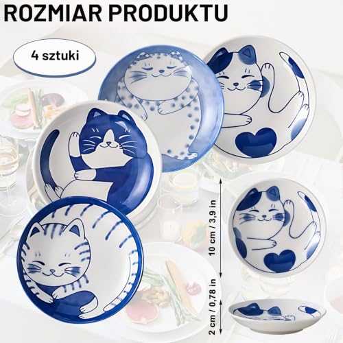 4 sztuki mini ceramiki, 10 cm, słodkie koty, sos sojowy, małe talerze ceramiczne z japońskim kotem, wspaniały prezent dla miłośników kotów, zestaw 4 wzorów