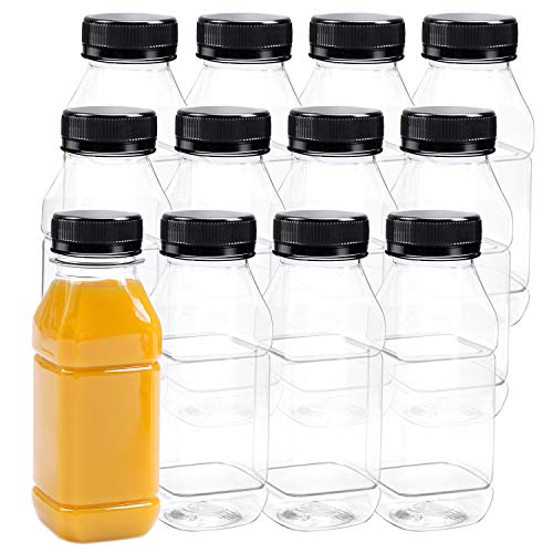 Aneco 12 Pack 8 Oz Empty Plastic Juice Bottles Reusable Square Drink Containers with Lids for Storing Homemade Beverages