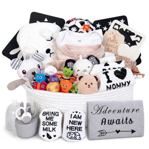 Image of Ultimate Gender-Neutral Baby Gift Basket, High-Contrast Black & White Newborn Essentials, Premium All-in-One Unisex Baby Shower & Gender Reveal Gift Set for Boys & Girls with Swaddle Diaper Caddy