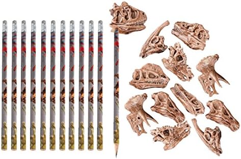 LightShine Products 24 Piece Dinosaur Pencils & Dino Fossil Pencil Tops Bundle Pack For Kids at Home or in School Classroom
