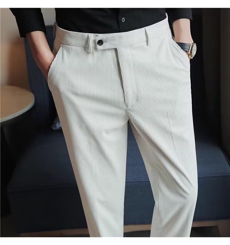 Men’s Corduroy Dress Pants Straight Fit Flat-Front Suit Trouser High Waist Casual Business Suit Pants Long4