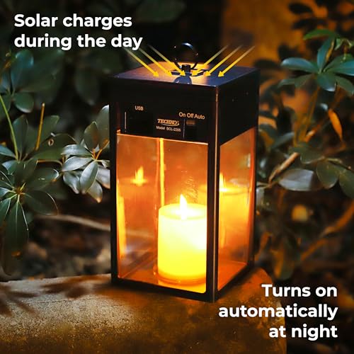 Image of TECHKO Solar Candle Modern Hanging Lantern with Dusk to Dawn Feature - Waterproof LED Flickering Flameless Candle, Decorative Outdoor Garden Lights for Table, Patio, Pathway, Yard