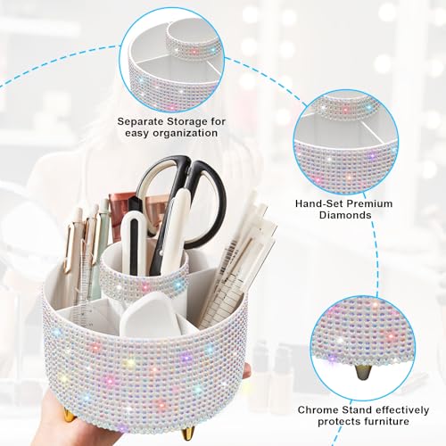Image of Diesisa Bling Diamond 360 Makeup Brush Holder Organizer, Rotating Makeup Brush Organizer,5 Slot Make up Brushes Cup for Cosmetics, Vanity Desktop Organizer, Gift for Women Teen Girls- Diamond White