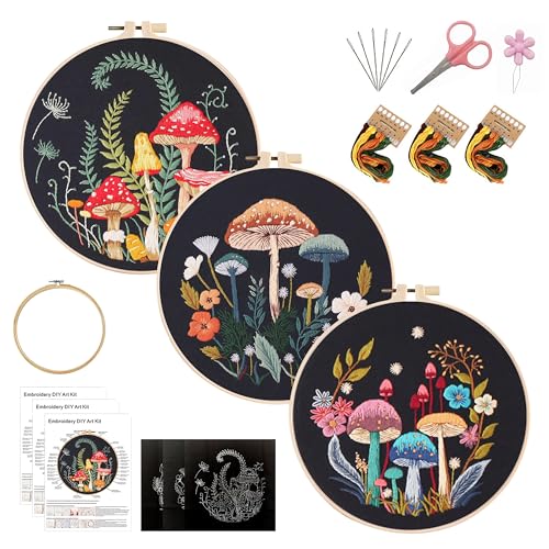 Image of KEKEMEOW 3 Sets Embroidery Kit for Beginners, Stitches with Colorful Mushrooms Embroidery Stitch Practice kit for Adults Craft Lover, Cross Stitch Kit with Pattern、Instruction、Hoop
