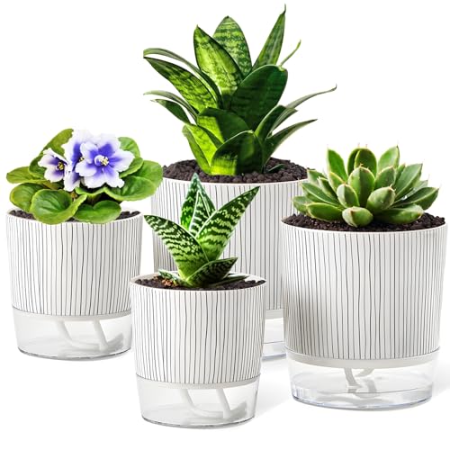 Comparison: Best Pots For Bottom Watering 7 4 Pack Self Watering Pots Set, 4+5.5 Inch Self Watering Pots for Indoor Plants, Planter Pot with Wick Rope and Reservoir for African Violet, Spider Plant, Orchid