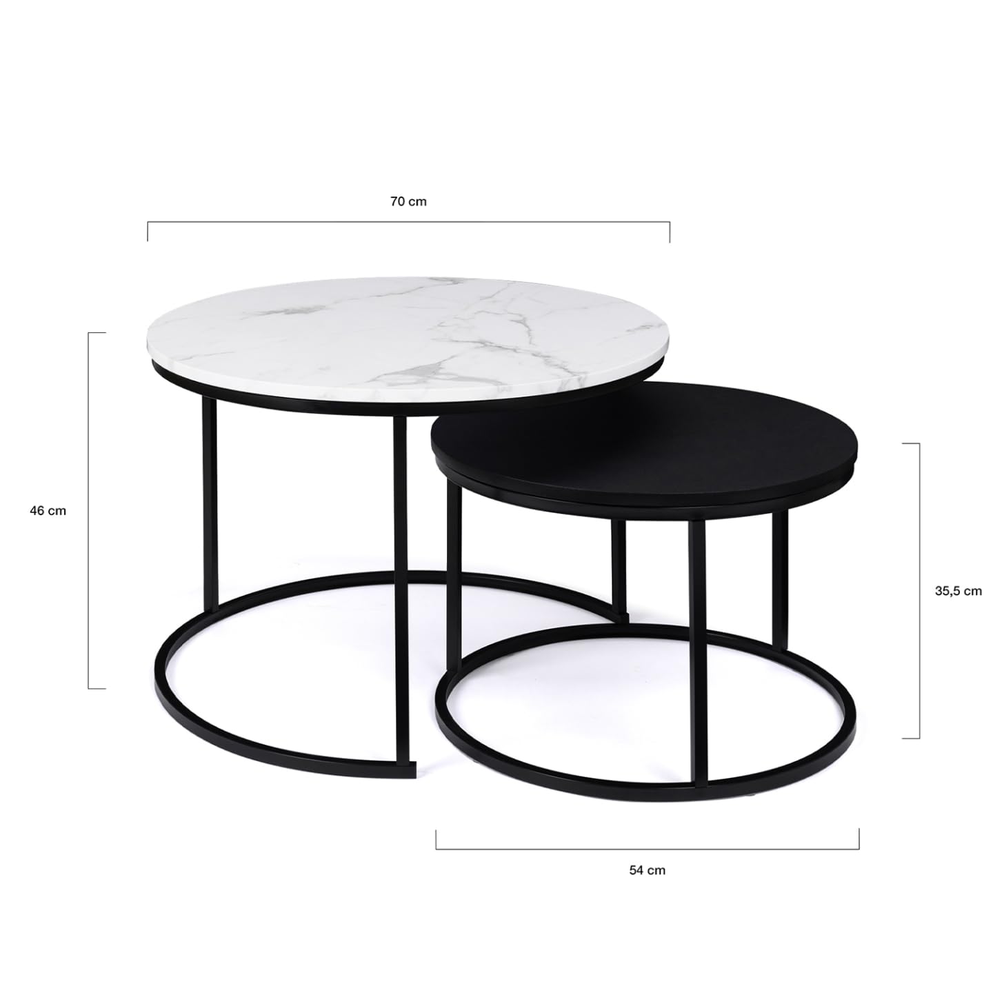 IDMarket - Lot de 2 Tables Basses gigognes Alaska Rondes 54/70 Effet marbre et Noir Pieds métal
