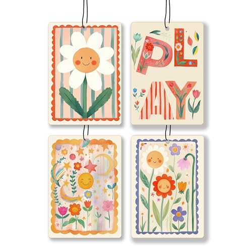 Image of Cute Boho Flower Nursery Playroom Lavender Air Freshener, Vintage Boho Floral Sun Moon Hanging Air Freshener 4 Pcs for Cars Closet Drawer Books, Cute Flower Car Accessories Mirror Decor for Women