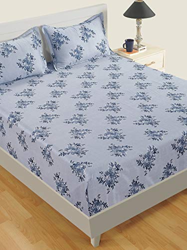 Image of Swayam Mercerized Pure Cotton King Bedsheet with 2 Pillow Covers | 250 TC Soft Breathable Bed Sheet | Floral Printed | Size 108 x 108 inch | Comfortable & Durable for Bedroom - Blue