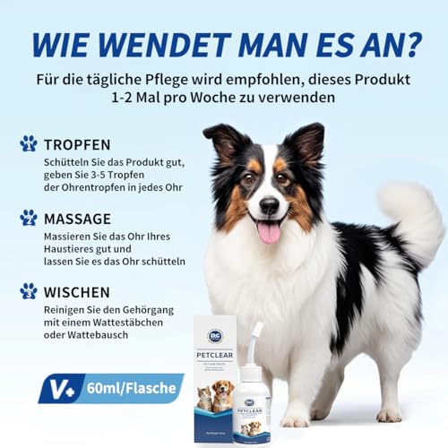 Ohrenreiniger hund Ohrenpflege für Hunde 60ml Ohrenreiniger stoppen Ohren Entzündungen und Juckreiz, Haustier Ohrreiniger für Hunde und Katzen, Hundeohrreinigungslösung, Schmutz, Geruchsentferner