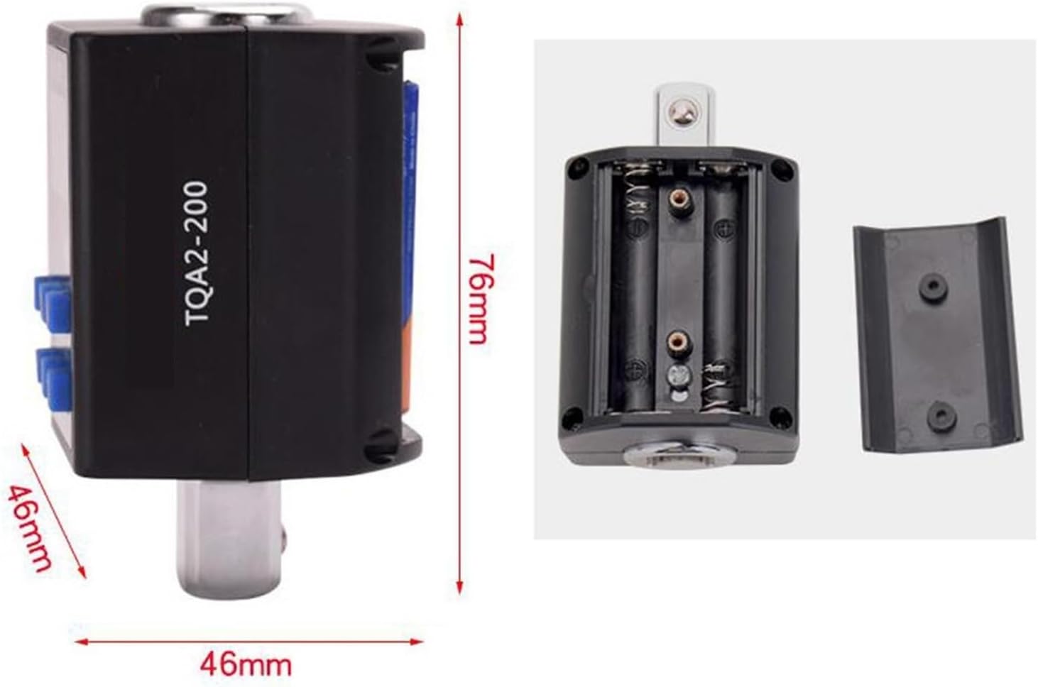 Side view of the TQA2-200 Digital Torque Adapter showing its dimensions (46mm x 46mm x 76mm) and an open battery compartment revealing slots for three AAA batteries.