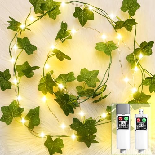 SonPen Edera Catena luminosa per interni, 2 m, 20 LED, edera, artificiale, con timer a batteria, 8 modalità, impermeabile, ghirlanda di edera, per camera da letto, matrimonio, festa, balcone (bianco