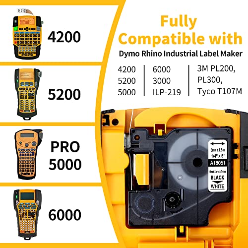 Fimax Replace 18051 Dymo 5200 Heat Shrink Labels 1/4", Cable And Wire Heat Shrink Tubing, Work With Dymo Rhino 4200 5200 5000 6000 Industrial Label Maker, Black On White, 6Mm X 1.5M #TOP1