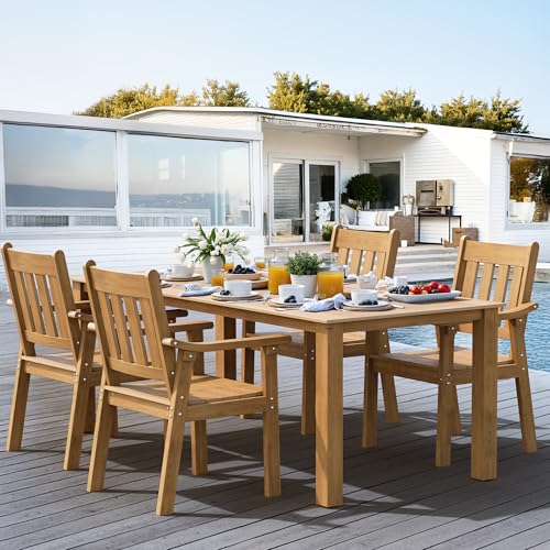 Image of YEFU HIPS Patio Table Set: 5 Piece Outdoor Table and Chairs Dining Furniture Set with Umbrella Hole - Teak Modern Plastic Dining Sets 4 Person for Outside Deck with Metal Aluminum Frame